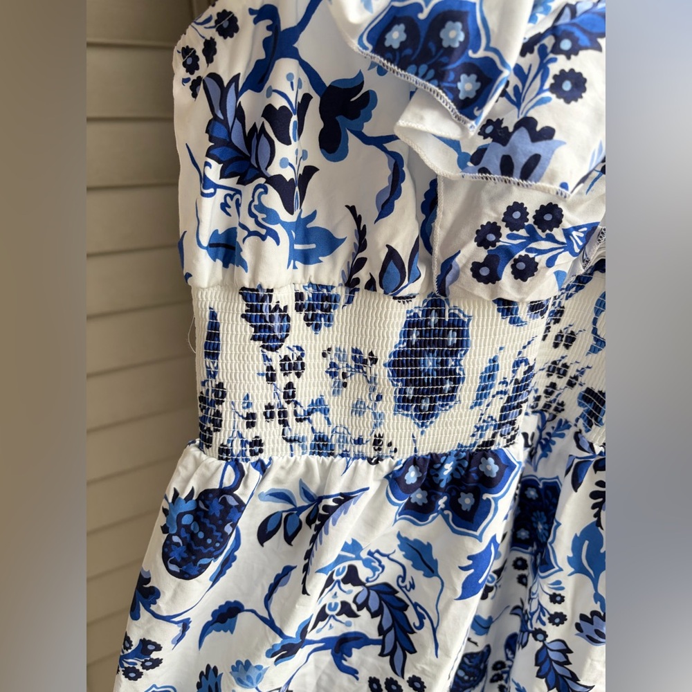 🆕🫐Adrianna Papell Blue White Floral Ruffle Midi Dress Waist Cottagecore 14 NWT - Picture 12 of 17